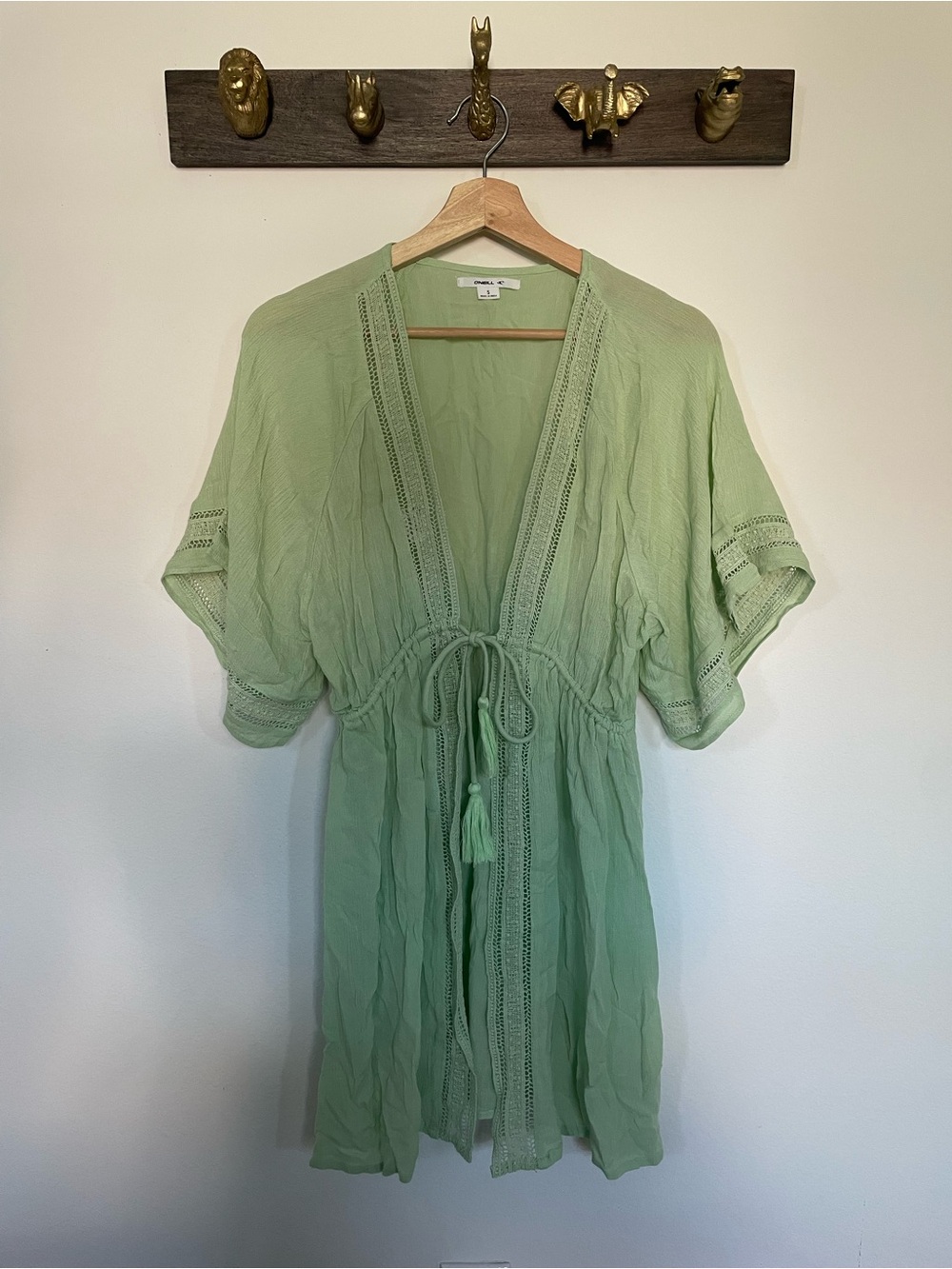 O'Neill Light Green Tie-Front Swim Coverup with Tassels